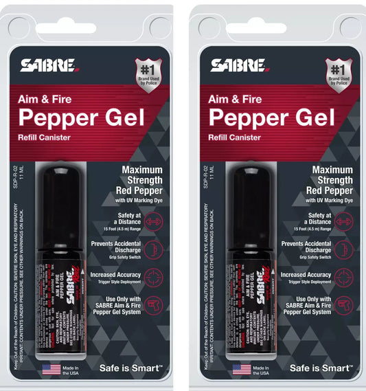 SABRE Red Aim and Fire Pepper Gel Refill Canister 2 Pack with UV Marking Dye USA