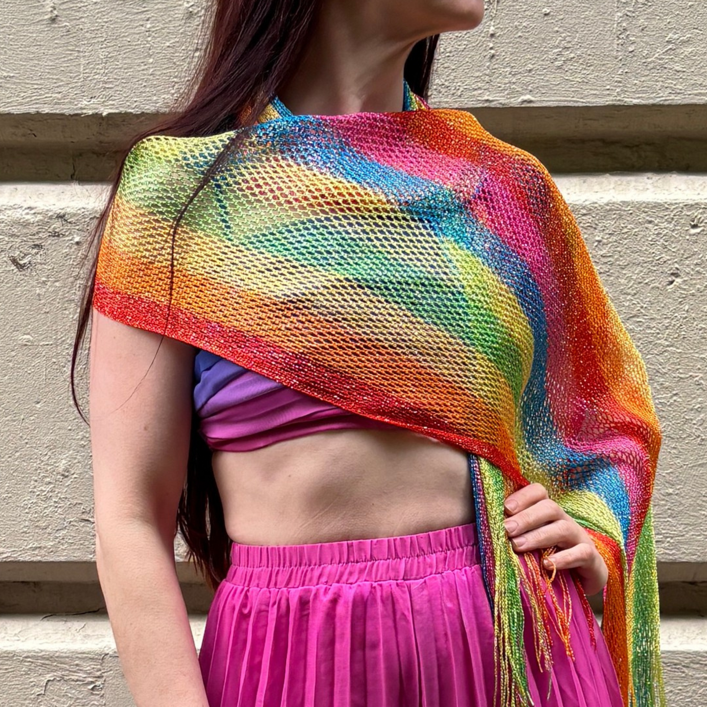 Shimmer Mesh Pride Scarf Wrap in Rainbow Stripe | Unisex Summer Shawl LGBTQ Pride
