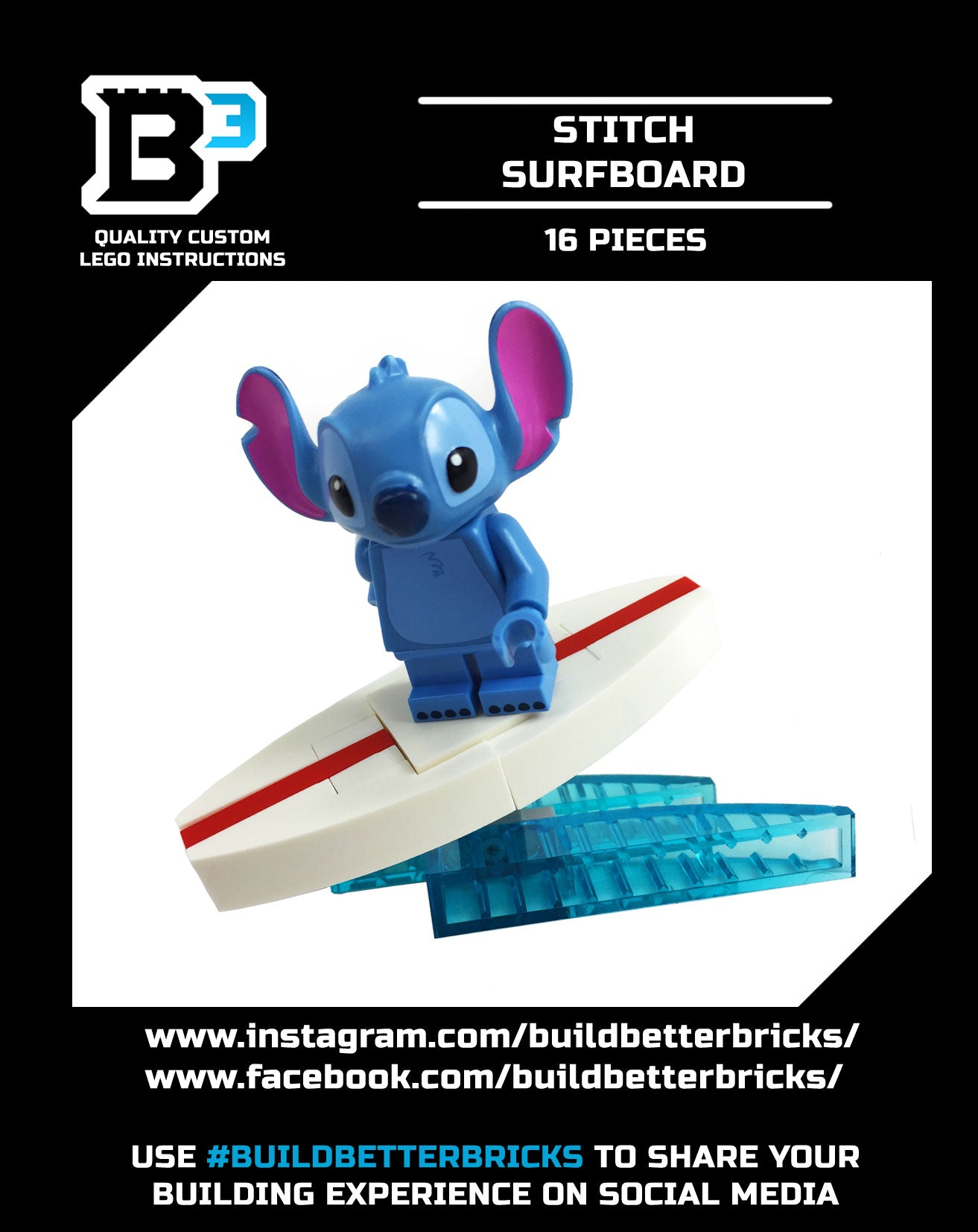 Surf's Up! Stitch LEGO Minifigue with custom Surfboard