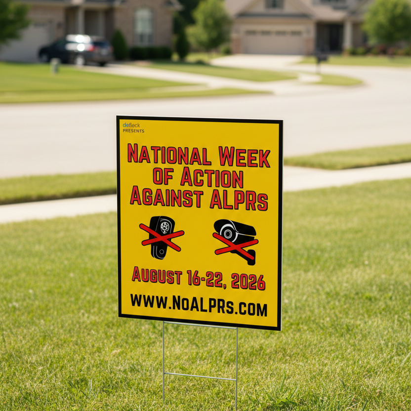 A yellow political yard sign with red and black text reading 'National Week of Action Against ALPRs' and a website URL, displayed on a lawn in front of blurred suburban houses.