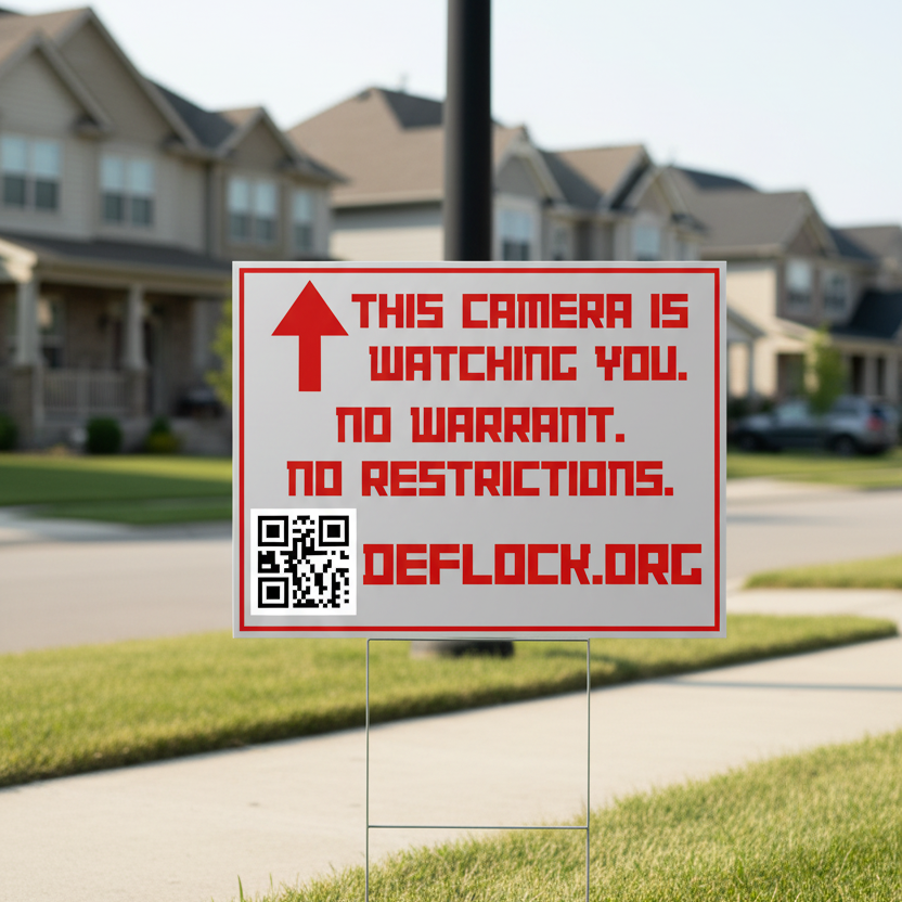 A novelty warning sign with a red border, red pixel-style text reading 'THIS CAMERA IS WATCHING YOU. NO WARRANT.