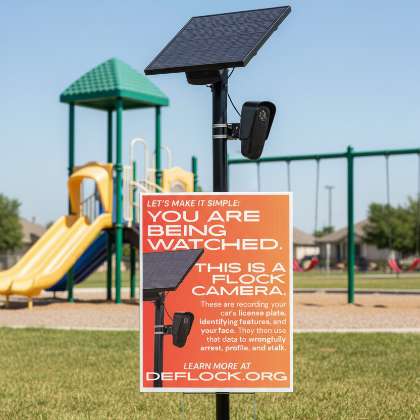 An informational poster with a bright orange background and large white text stating that the viewer is being watched because this is a flock camera. A black solar panel and mounted camera are pictured on the left side, with additional text explaining that the camera records license plates, identifying features, and faces.