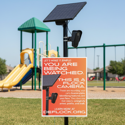 An informational poster with a bright orange background and large white text stating that the viewer is being watched because this is a flock camera. A black solar panel and mounted camera are pictured on the left side, with additional text explaining that the camera records license plates, identifying features, and faces.
