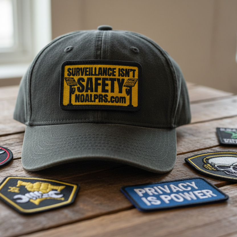 A dark gray baseball cap with a yellow and black embroidered patch reading 'SURVEILLANCE ISN'T SAFETY NOALPRS.com' sits on a wooden table, surrounded by several colorful embroidered patches.