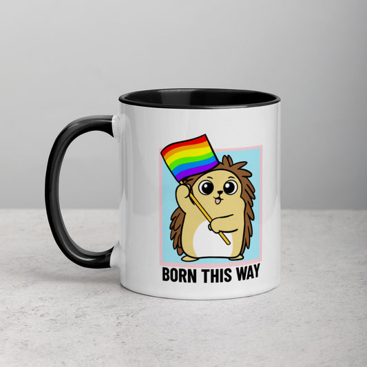 Born This Way LGBT Pride Cartoon Porcupine and Dinosaur Mug with Color Inside