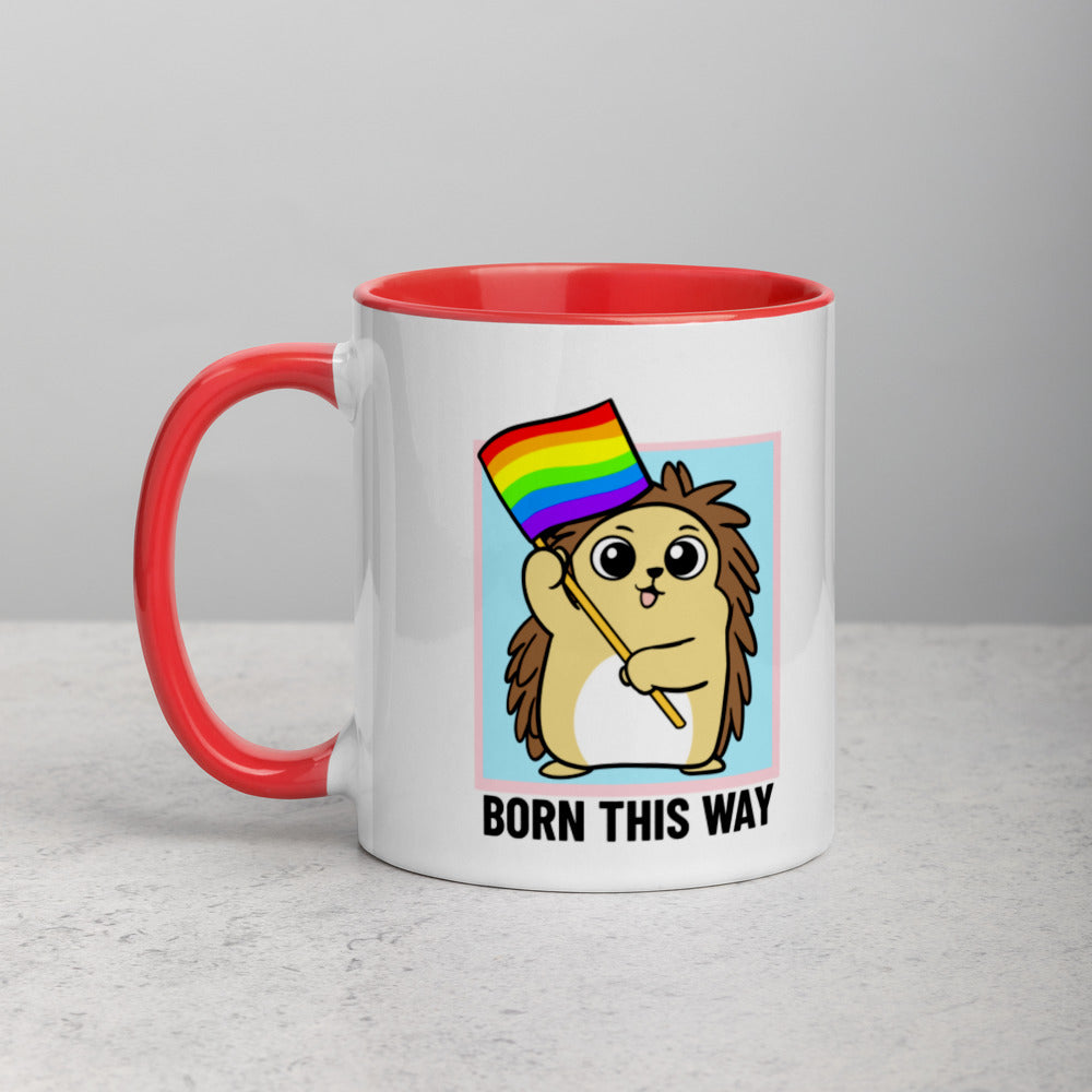 Born This Way LGBT Pride Cartoon Porcupine and Dinosaur Mug with Color Inside