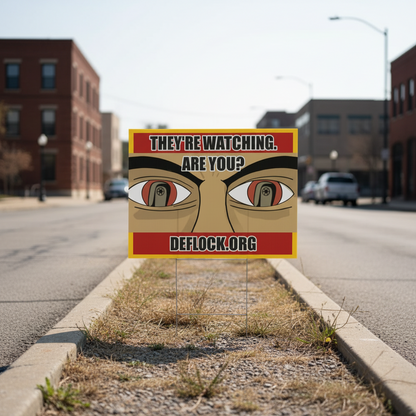 A yard sign displayed in a grassy field, featuring a cartoon illustration of a face with eyes containing guns and the text 'THEY'RE WATCHING. ARE YOU?' and 'DEFLOCK.