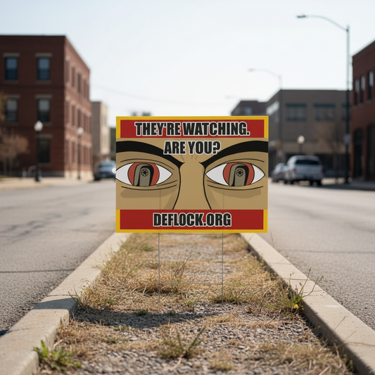 A yard sign displayed in a grassy field, featuring a cartoon illustration of a face with eyes containing guns and the text 'THEY'RE WATCHING. ARE YOU?' and 'DEFLOCK.