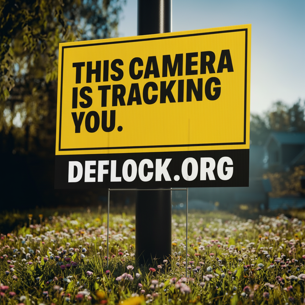 A yellow and black yard sign staked into a grassy field with wildflowers, reading 'THIS CAMERA IS TRACKING YOU.' with 'DEFLOCK.